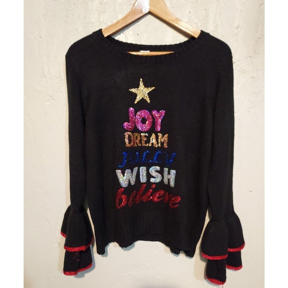 Ugly Christmas Sweater Women Lg‎ Tree Joy Dream Wish Jolly Sequin Holiday Time